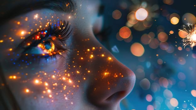 A closeup of a womans eye showcasing Christmas lights reflected in her iris. Her eyelashes are coated with electric blue mascara, complementing the festive eye makeup AIG50