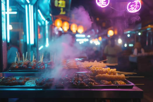 Hot grilled tradition chinese street food placed on food stall with smoke and surrounded by diverse people walking at night market with neon light and blurring background. Tourism concept. AIG42.
