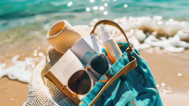 On the sandy beach rests a hat, sunglasses, a book, and a water bottle. The liquid inside glistens under the sun, creating a scene of leisure and relaxation AIG50