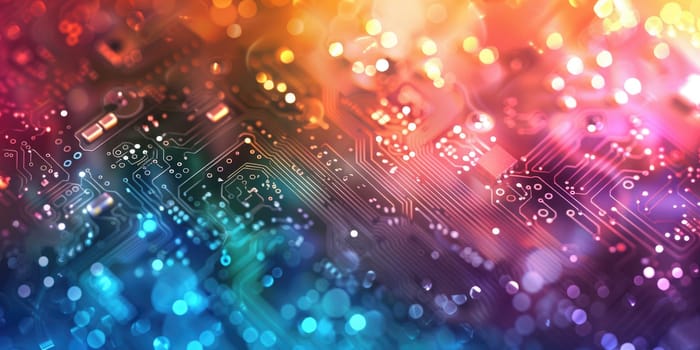 Circuit board with colorful bokeh lights in the background. AIG51A.