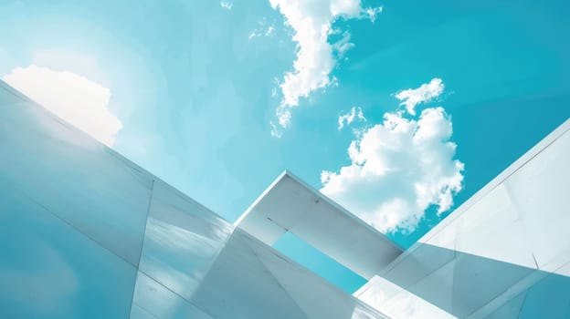 An upward view of a modern building with a blue sky and wispy white clouds in the background. AIG51A.