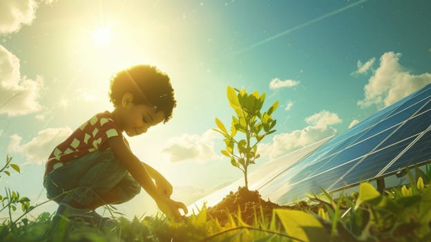 Happy children planting a tree surrounded with solar cell and sitting. Attractive elementary student growing a tree in the garden. Environmental saving world concept. Sustainable energy. AIG42.