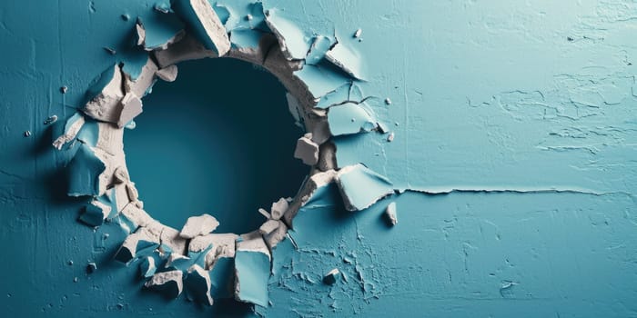 Close up view picture of the hollow blue hole on the the wall that show the breaking part of the wall that has been made from strong material yet still can be break to look through other side. AIGX03.