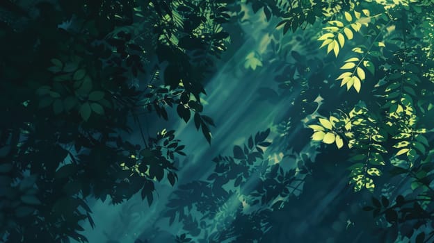 The sunlight filters through the conifer trees in the forest, painting a stunning landscape with evergreen foliage and freezing water shimmering on the grass and twigs AIG50