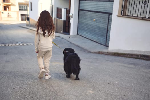 Rear view of a cute child girl walking her dog on leash on the city street