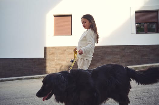Side view of a cute child girl smiling taking her cocker spaniel dog for a walk on the street