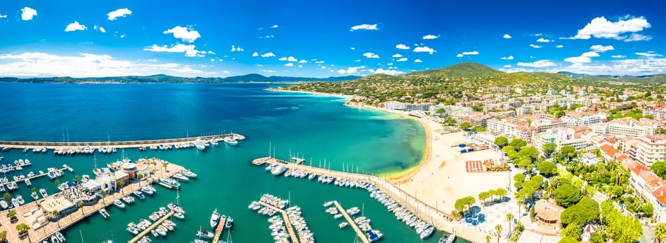Sainte Maxime beach and coastline aerial panoramic view, south of France
