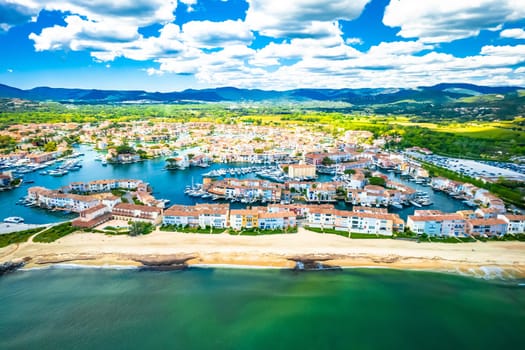 Scenic Port Grimaud yachting village marina aerial view, archipelago of French riviera