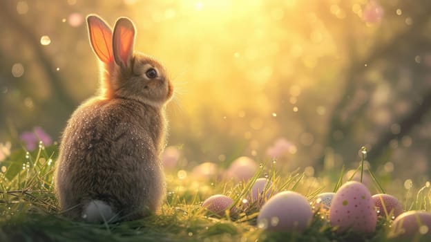 Brown bunny with sitting with golden sunshine shining under tree at in sunny day with easter egg scattering around at grass or magical garden. Fluffy rabbit sitting near colorful easter egg. AIG42.
