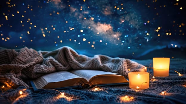 A watercolor painting of a tree is displayed in an open art book on a bed next to an electric blue candle AIG50