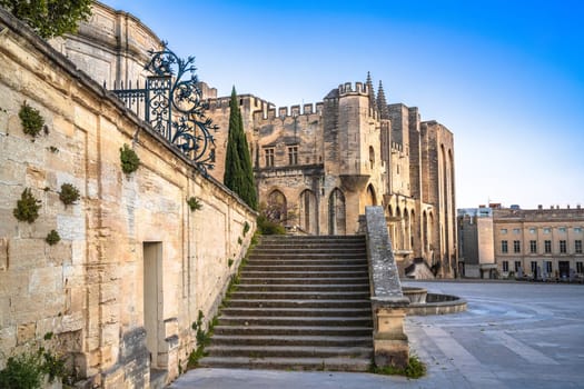 Ancient city of Avignon square and Pope palace view, southern France