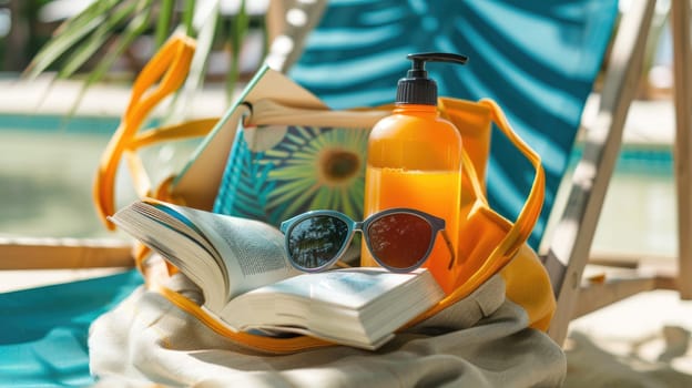 On the sandy beach rests a hat, sunglasses, a book, and a water bottle. The liquid inside glistens under the sun, creating a scene of leisure and relaxation AIG50