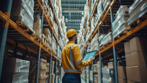 A warehouse employee in a high visibility vest uses a digital tablet to manage inventory in a large distribution center. AIG41