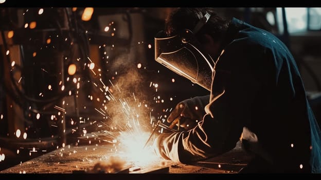 Smart industrial worker using steel welding machine welding steel at factory while wearing safety protection gear. Professional engineer cutting metal tube create spark. Manufacturing concept. AIG42.