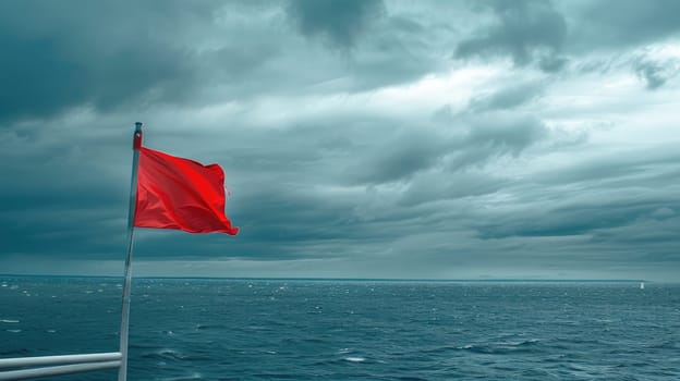 A vibrant red flag flutters under a cumulus cloud in the electric blue sky amidst the vast expanse of liquid water, signaling a warning to travelers of potential danger ahead AIG50