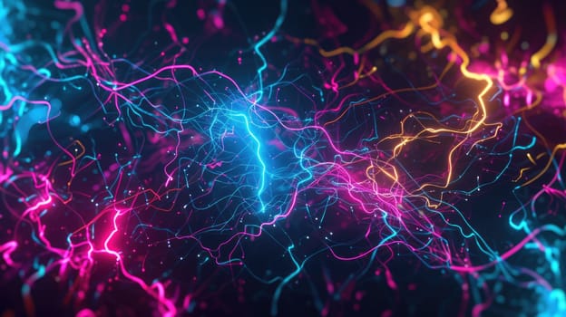 An image of abstract glowing neon light wallpaper with black background. A picture of messy futuristic technology glowing light line with chaotic and tangle line like electrical thunder light. AIG42.