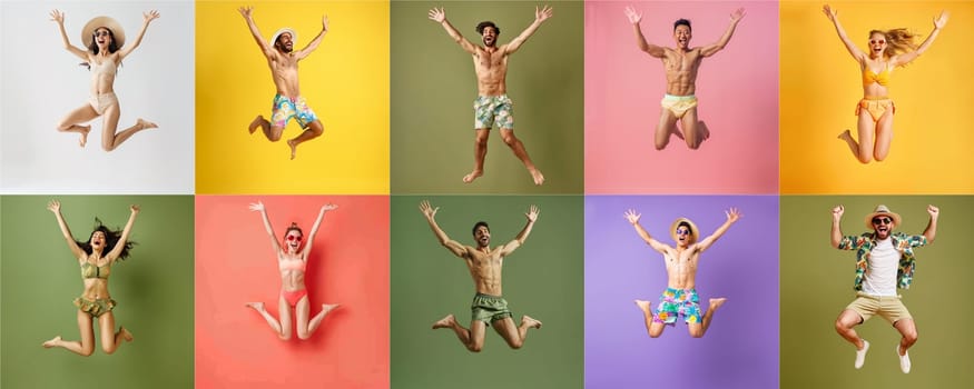 Summer people collection set, diverse people jumping on colorful background, many people funny jump wearing summer outfit fashion ready for swim and summer activity, summertime, beachwear AIG48