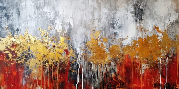 The abstract picture of the gold, red and grey colour that has been painted or splashed on the white blank background wallpaper to form the random shape that cannot be describe yet beautiful. AIGX01.