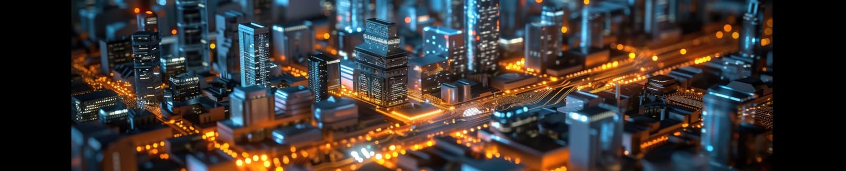A conceptual visualization of a smart city with glowing structures on a digital circuit board, symbolizing urban technology integration concept. AIG41