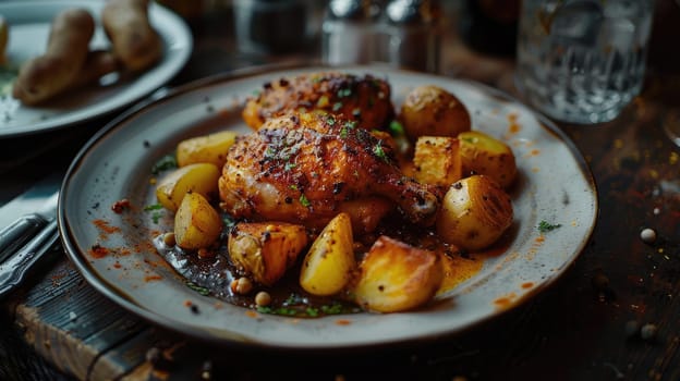 A delicious and healthy meal of chicken and potatoes, seasoned with herbs and spices. AIG51A.