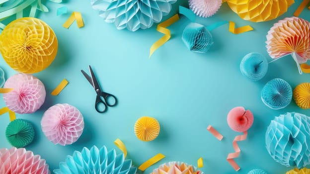 There is an array of craft supplies on the table including green textiles, plant motifs, aqua paint, magenta patterns, and creative art materials AIG50