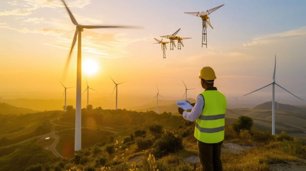 Skilled civil engineer with safety helmet exploring and inspecting area with wind mill by using drone. Engineer using innovation technology to control drone to survey landscape. Technology. AIG42.