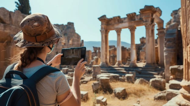 Back view of young happy woman exploring while standing at ancient site. Attractive female adventurer or traveler inspecting while wandering at ancient temple or historical place with blue sky. AIG42.