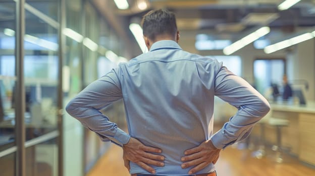 Office worker experiencing lower back pain, Poor posture can lead to back pain, backache, Lumbago.