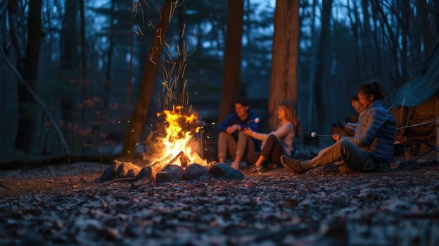 A fun camping event with a group of people sitting around a tent, enjoying the warmth of a fire, amidst the beautiful forest landscape. AIG41