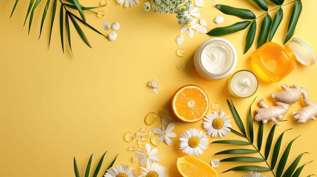 A variety of citrus fruits and green leaves are arranged on a yellow background, complemented by wooden tableware and serveware for a refreshing drink AIG50