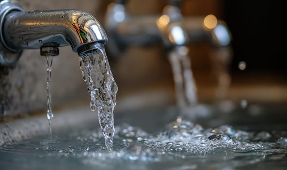 Close-Up of Faucet With Water Flowing. Selective focus.