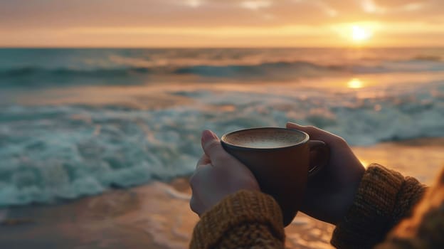 The close up picture of the person is holding the cup of the coffee by their own hand also walking at the side of the beach near the sea or an ocean that has been shine by the light from a sun. AIG43.