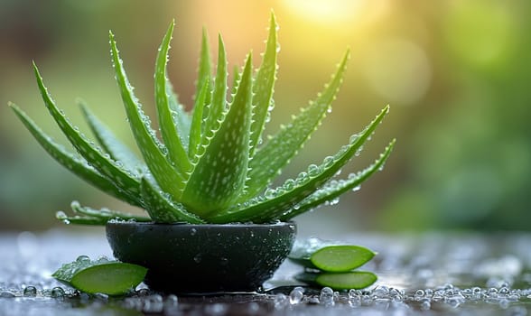 Fresh Aloe Vera Plant With Dew Drops. Selective soft focus.