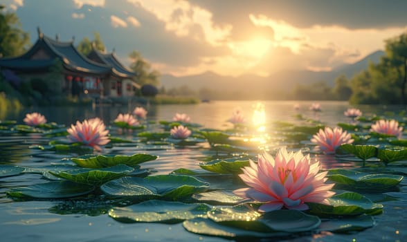 Water Lilies in Lake Under Cloudy Sky.