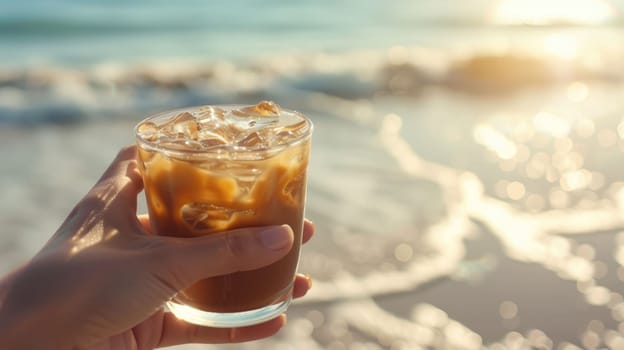 The close up picture of the person is holding the cup of the coffee by their own hand also walking at the side of the beach near the sea or an ocean that has been shine by the light from a sun. AIG43.