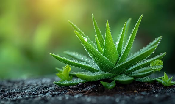 Fresh Aloe Vera Plant With Dew Drops. Selective soft focus.