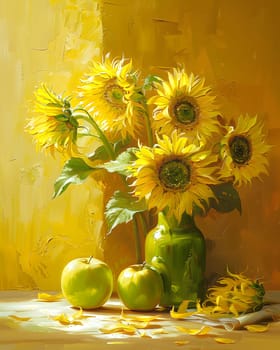 A beautiful art piece featuring a bouquet of sunflowers and apples in a green vase. The combination of vibrant colors creates a stunning display of natures beauty