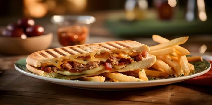 Delicious tasty fries: Sandwich with bacon, cheese and french fries on a wooden table