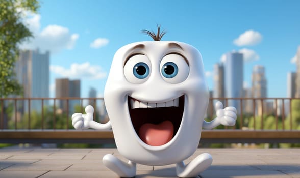 White cheerful cartoon character with big eyes. Selective focus.