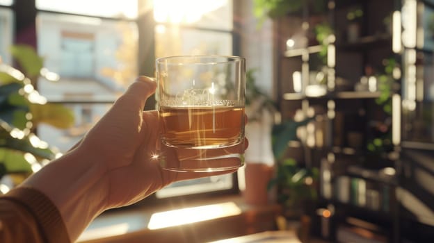 The close up picture of the person is holding the cup of the clear tea by their own hand to relax inside the living room for the relaxation near the window that has been shine with sunlight. AIG43.