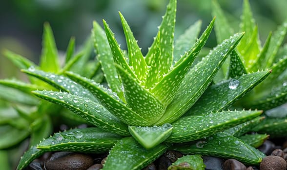 Fresh Aloe Vera Plant With Dew Drops. Selective soft focus.