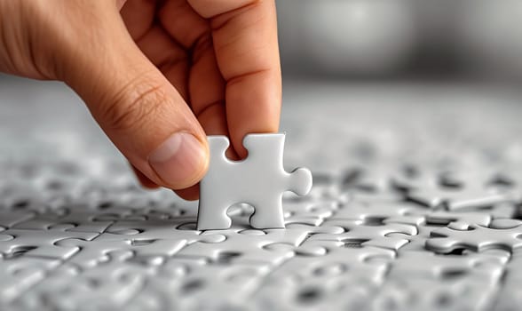 Close-up of a hand placing a puzzle piece. Selective focus.