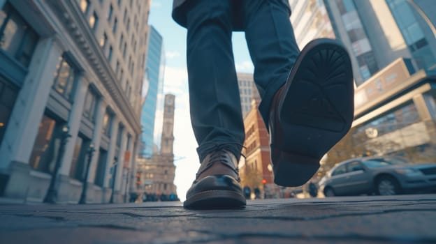 The picture of the person is working as business person and walking to work in street of the city, the businessman require skill like management, negotiation, marketing and the communication. AIG43.
