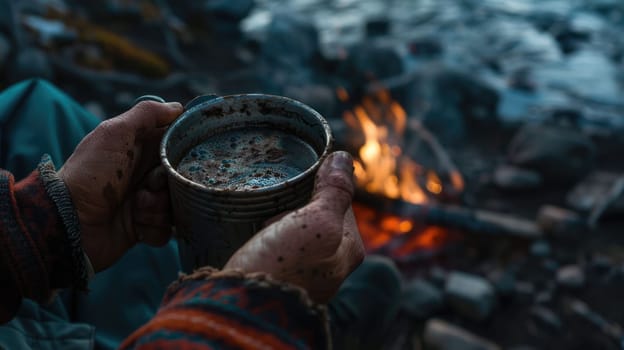 The close up picture of the person holding the cup of the coffee by their own hand to relax near fireplace for relaxation with dark gloomy blur background yet feel warm by the source of heat. AIG43.