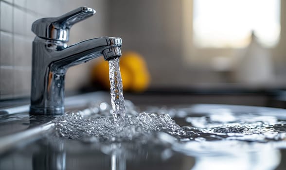 Close-Up of Faucet With Water Flowing. Selective focus.
