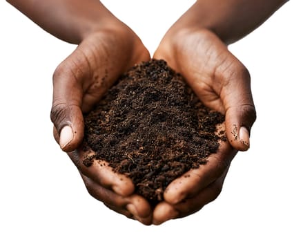 A closeup photo of an African American hands holding soil and compost