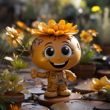 Illustration of a toy doll decorated with a flower. Selective focus.