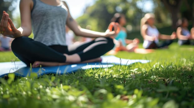 The close up picture of the person is meditating at park with calm under the bright light of sun, the meditation require skill like focus, relaxation, patience, compassion, and self awareness. AIG43.