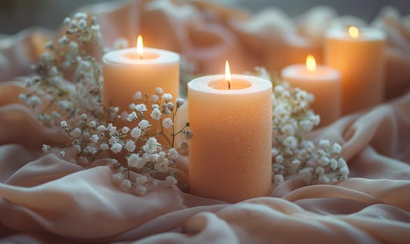 Group of White Candles on Table. Selective focus.