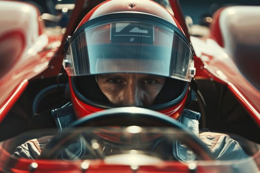 The picture of the formula one or f1 racer wearing the helmet for protection, the racing driver is focusing on the race track, the racer require skill like the concentration and driving skill. AIG43.